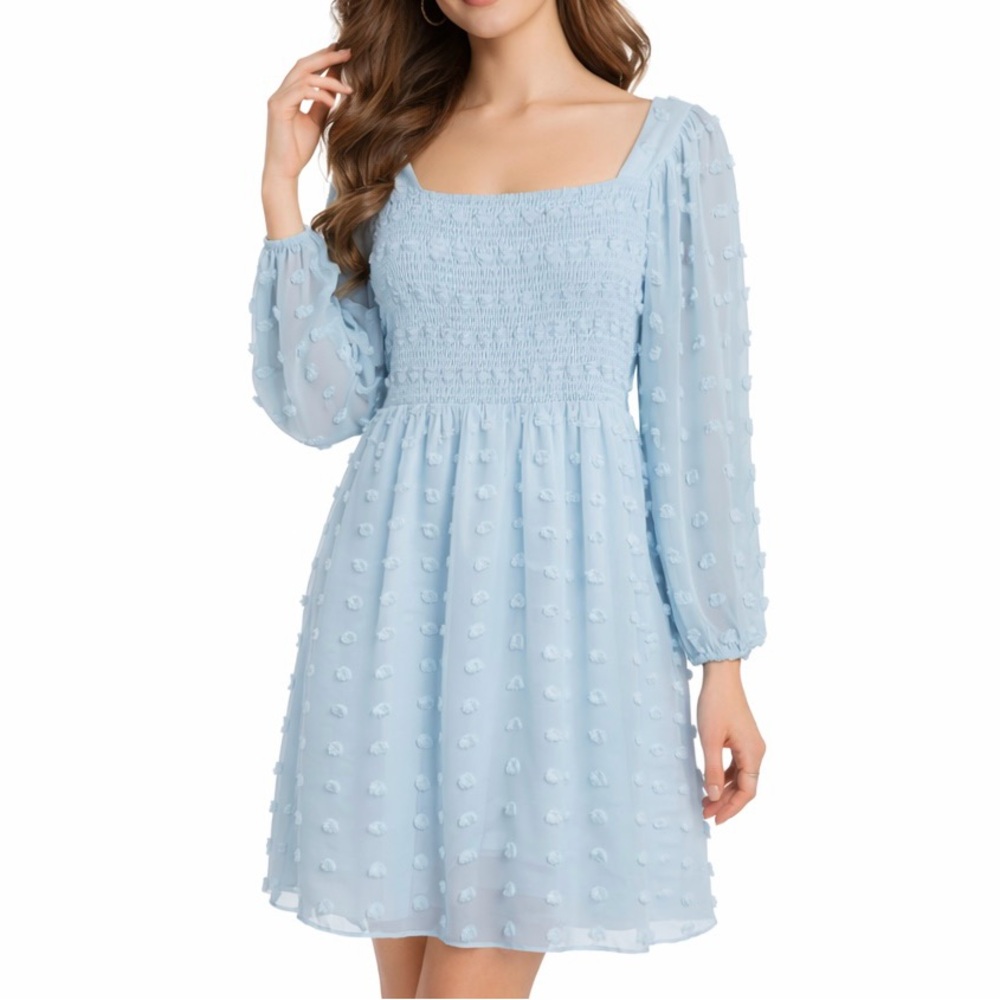 Simplee Womens Smocked Babydoll Dress Sz M Baby Blue Chiffon Pom Balloon Sleeve